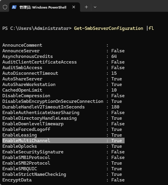 Get-SmbServerConfiguration |fl